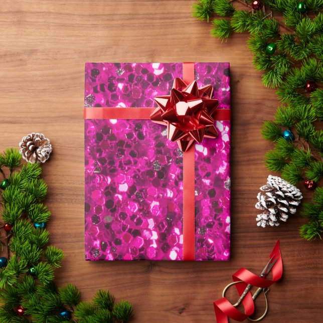 Papier Cadeau Paillettes rose chaud fausses (Cadeau de vacances)