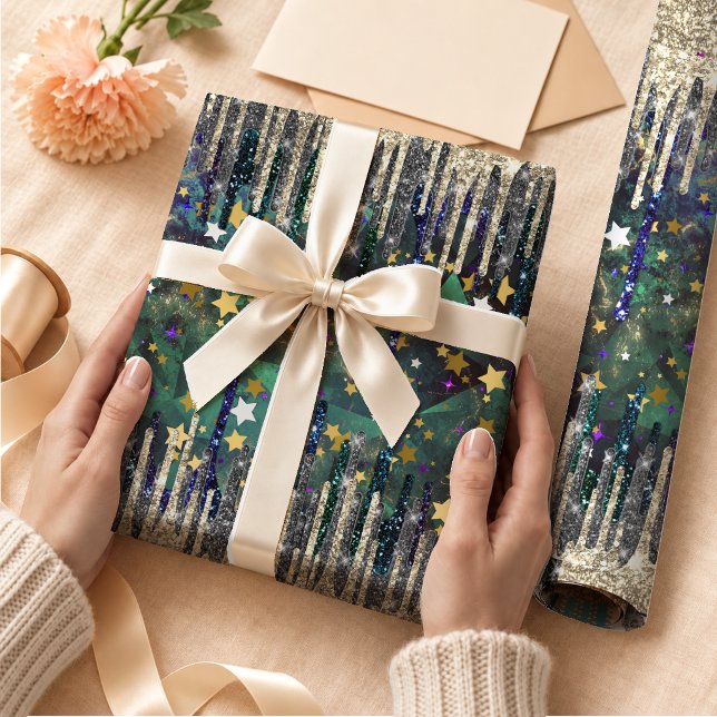 Papier Cadeau Paillettes Vert Chic Turquoise Or (Créateur téléchargé)