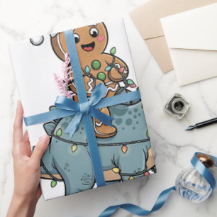 Papier Cadeau Pain d'épice à cheval sur un dinosaure Santa Noël