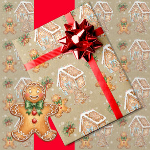 Papier Cadeau Pain d'épice vintage, Maison, Arbre, Noël