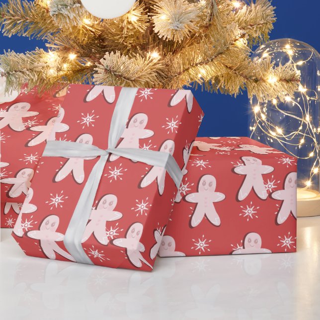 Papier Cadeau Pain d'épices Cookie rose et flocons de neige (Vacances)