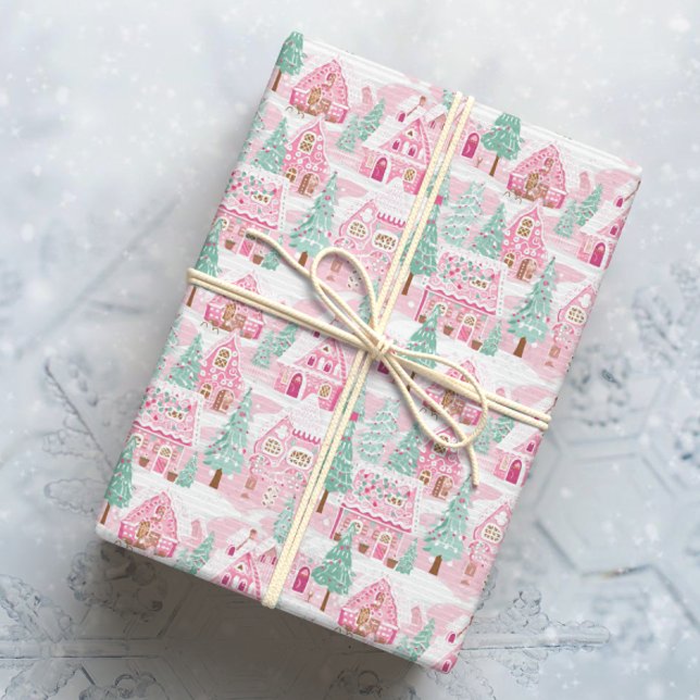 Papier Cadeau Pain d'épices de Noël rose et vert neige Ville (Créateur téléchargé)
