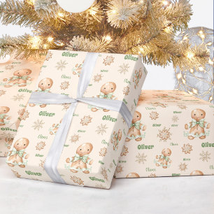 Papier Cadeau Pain d'épices Homme Nom du garçon Beige vert Noël