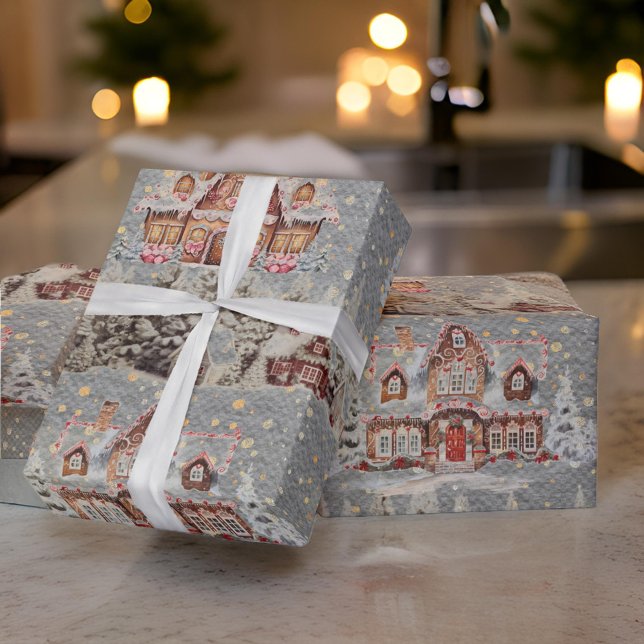 Papier Cadeau Pain d'épices Maisons Noël Acier de neige gris (Créateur téléchargé)