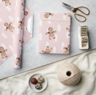 Papier Cadeau Pain d'épices rose mignon homme sapin de Noël
