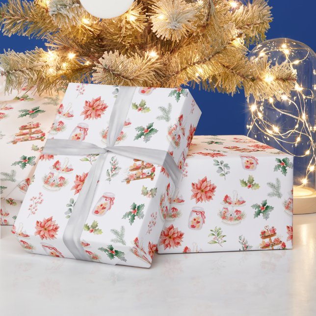 Papier Cadeau Pains de Noël et feuillage rouge (Vacances)