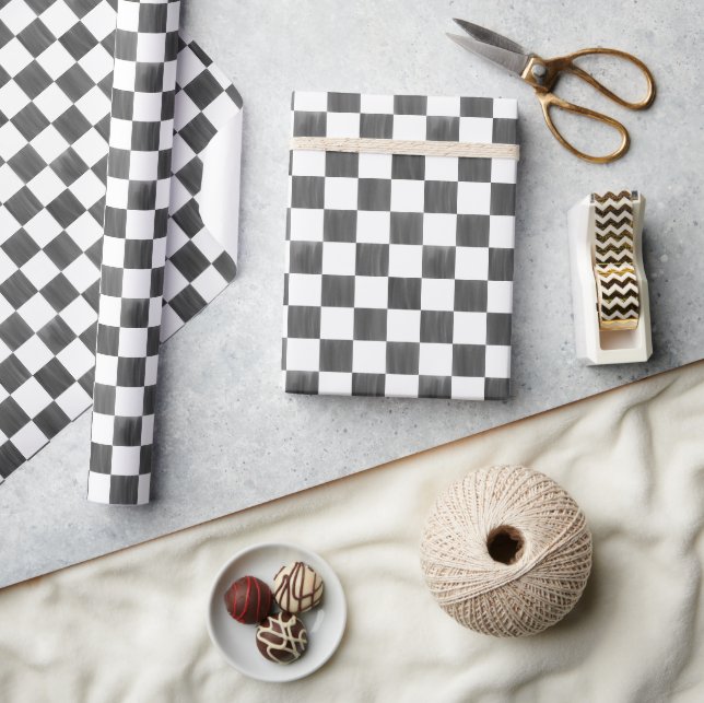 Papier Cadeau Painted Black and White Check Checkerboard Pattern (Artisanat)