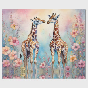 Papier Cadeau Paire de girafes en amour dans un jardin pastel