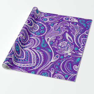 Papier Cadeau Paisley blanc et turquoise motif sur violet