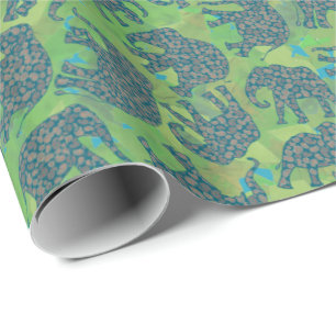 Papier Cadeau Paisley Elephants, Jungle Green Feuilles Cadeau