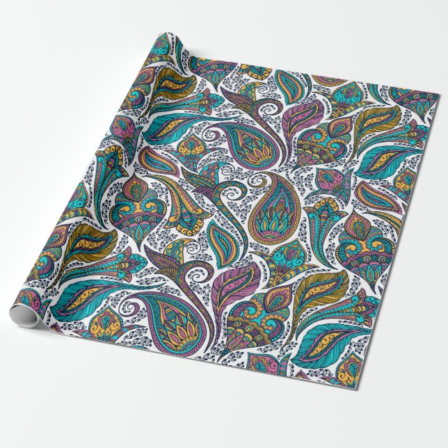 Papier Cadeau Paisley ethnique coloré motif (Déroulé)