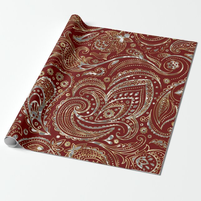 Papier Cadeau Paisley florale rouge foncé et or (Déroulé)