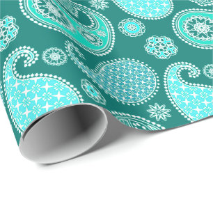 Papier Cadeau Paisley motif, Turquoise, Aqua et White