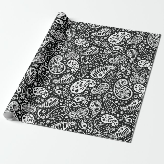 Papier Cadeau Paisley noir et blanc floral (Déroulé)