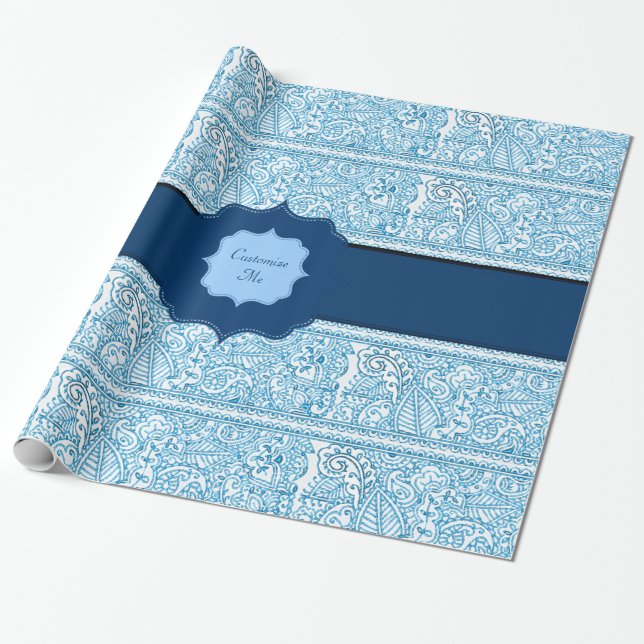 Papier Cadeau Paisley Passion - (Bleu) (henné) (Monogramme) (Déroulé)