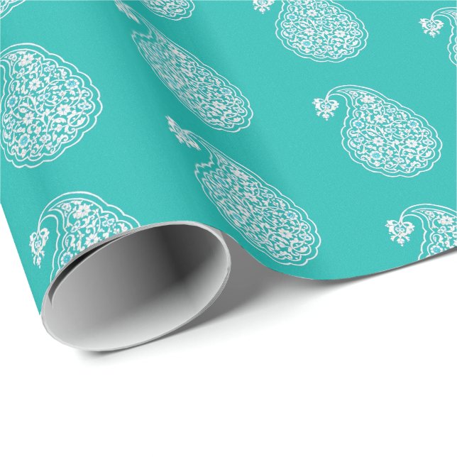 Papier Cadeau Paisley perse - blanc sur turquoise (Coin rond)