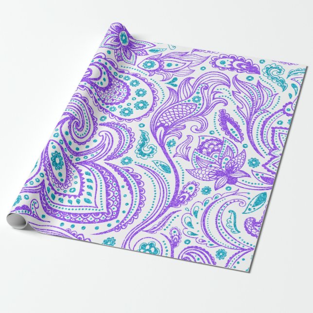 Papier Cadeau Paisley violet et turquoise motif sur blanc (Déroulé)