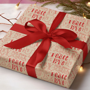 Papier Cadeau Paix Amour Joie Joyeux Noël Typographie Rouge