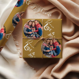 Papier Cadeau Paix Amour Joie Photo Rond Typographie Élégante Or