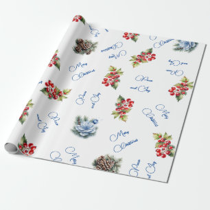 Papier Cadeau Paix & Joie Joyeux Noël Baies Rouges sur Fond Blan