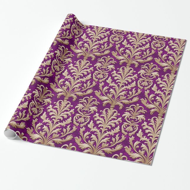 Papier Cadeau Pale Or Floral Damask Royal Rose Velvet (Déroulé)