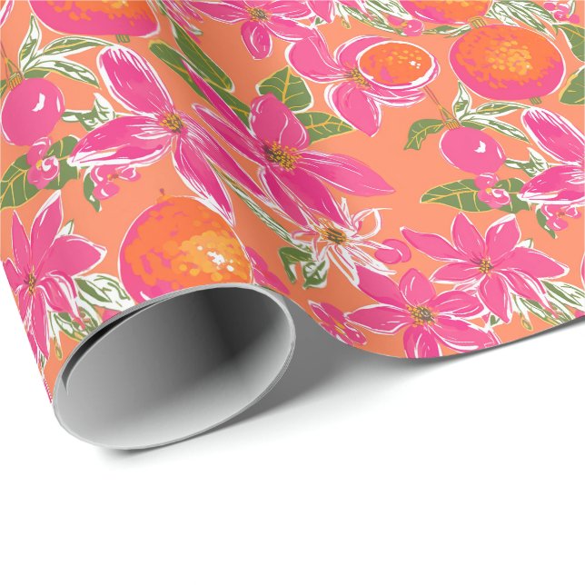 Papier Cadeau Palm Beach Aquarelle de Noël Orange (Coin rond)