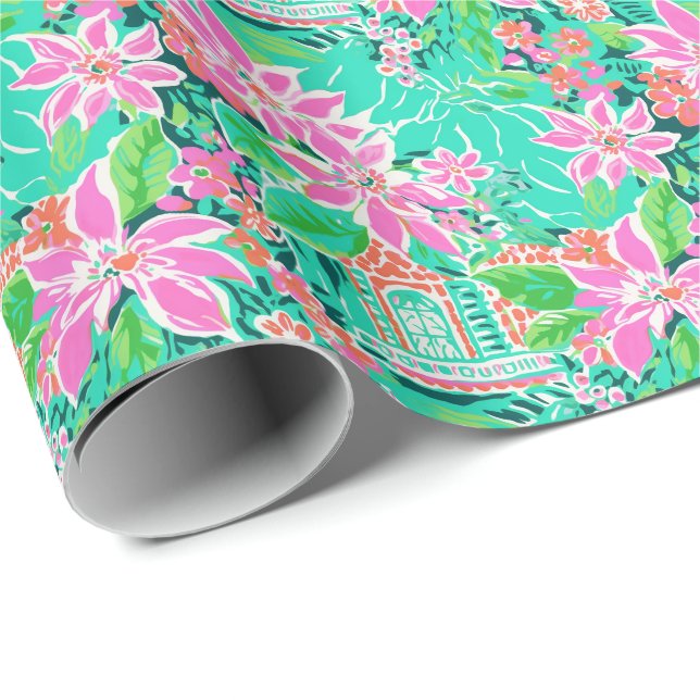 Papier Cadeau Palm Beach Noël Aquarelle Pain d'épices Maisons (Coin rond)