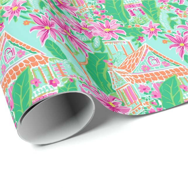 Papier Cadeau Palm Beach Noël Aquarelle Pain d'épices Maisons (Coin rond)