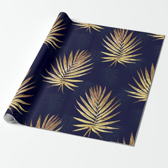 Papier Cadeau Palme d'or bleu tropicale Verdure Feuille (Déroulé)