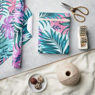 Papier Cadeau Palme rose et Turquoise Tropical & Monstera Feuill