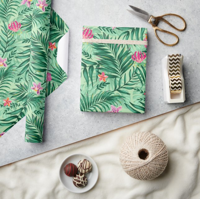 Papier Cadeau Palme tropicale & Monstera Feuilles & Fleurs exoti (Artisanat)