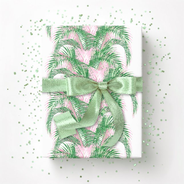 Papier Cadeau Palmes de plumes en rose et vert (Créateur téléchargé)