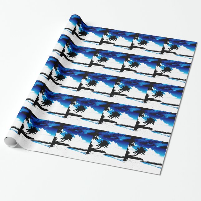 Papier Cadeau Palmier blanc noir bleu Silhouette (Déroulé)