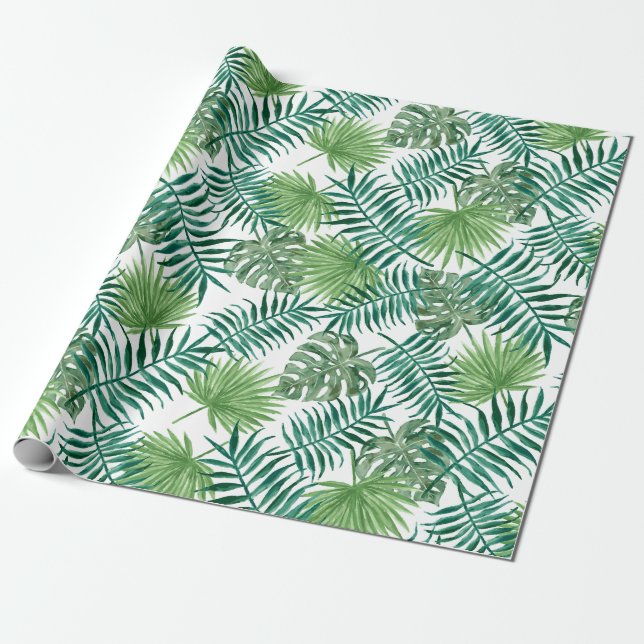 Papier Cadeau Palmier Tropical Feuille Motif vert (Déroulé)