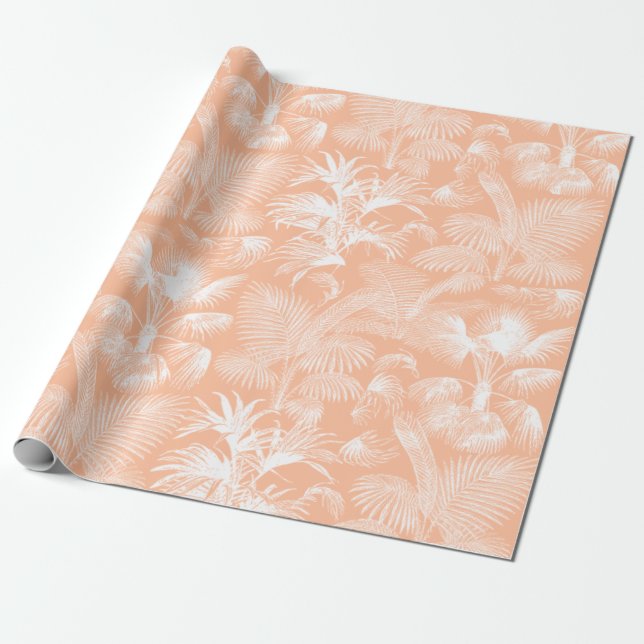 Papier Cadeau Palmiers tropicaux modernes blanc rose poire (Déroulé)
