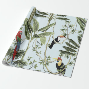 Papier Cadeau palmiers vintages tropicaux, liana, perroquet maca