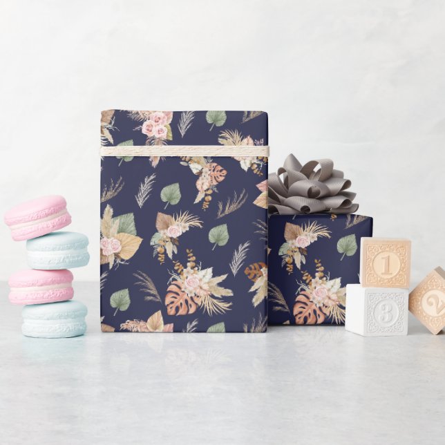 Papier Cadeau Pampas Grass & Fleurs sur bleu marine (Baby Shower)