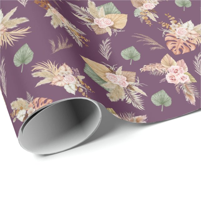 Papier Cadeau Pampas Grass & Fleurs sur Mulberry (Coin rond)