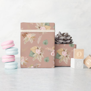 Papier Cadeau Pampas Grass & Fleurs sur Pinkish Brown