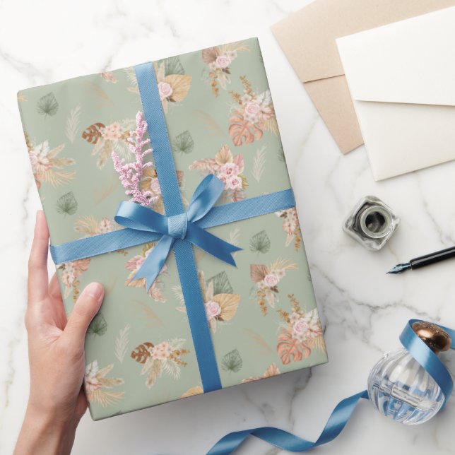 Papier Cadeau Pampas Grass & Fleurs sur Sage Green (Cadeaux)