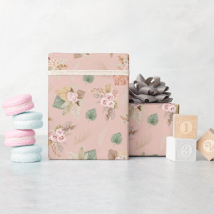 Papier Cadeau Pampas Grass & Fleurs sur Tea Rose rose