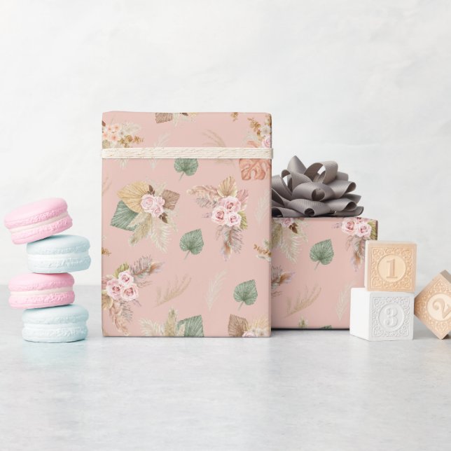Papier Cadeau Pampas Grass & Fleurs sur Tea Rose rose (Baby Shower)