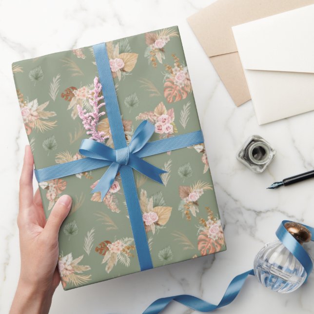 Papier Cadeau Pampas Grass & Fleurs sur vert olive (Cadeaux)