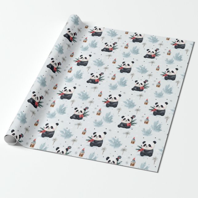 Papier Cadeau Panda aquarelles vacances hiver motif (Déroulé)
