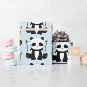 Papier Cadeau Panda assis avec le Motif en bambou bleu