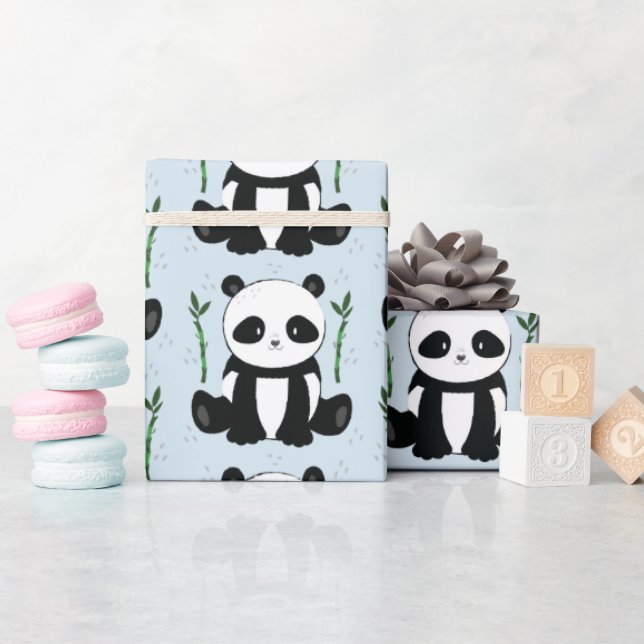 Papier Cadeau Panda assis avec le Motif en bambou bleu (Baby Shower)