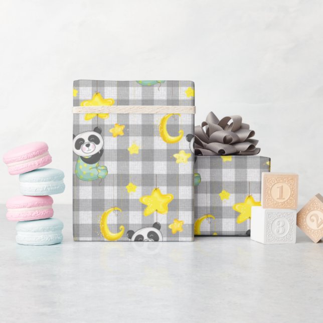 Papier Cadeau Panda bébé avec lune et étoiles (Baby Shower)