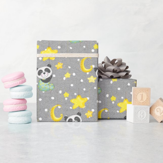 Papier Cadeau Panda bébé avec lune et étoiles (Baby Shower)