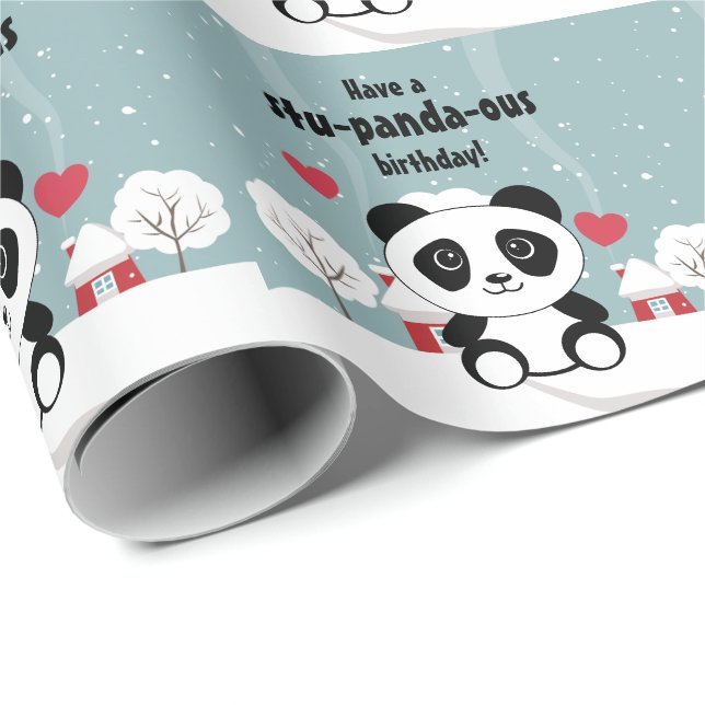 Papier Cadeau Panda Bébé Cute En Hiver Gris Neige (Coin rond)