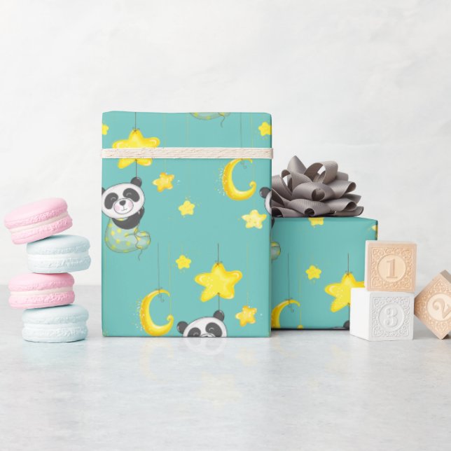 Papier Cadeau Panda bébé et Lune et étoiles (Baby Shower)